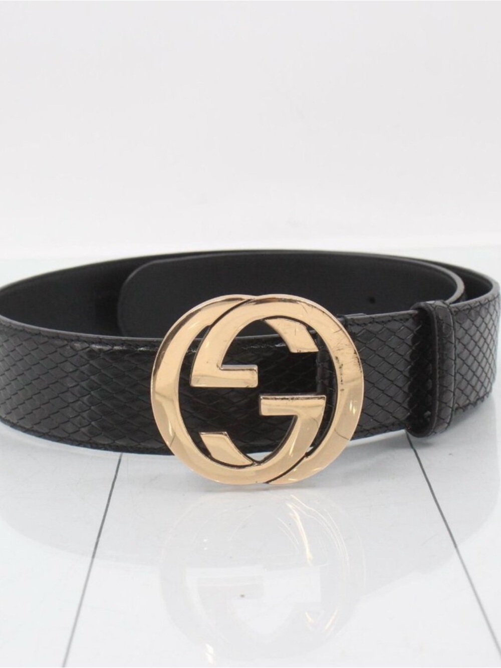 Gucci Black Snakeskin Leather Belt Gold Double G Interlocking Logo Accent- 85/34